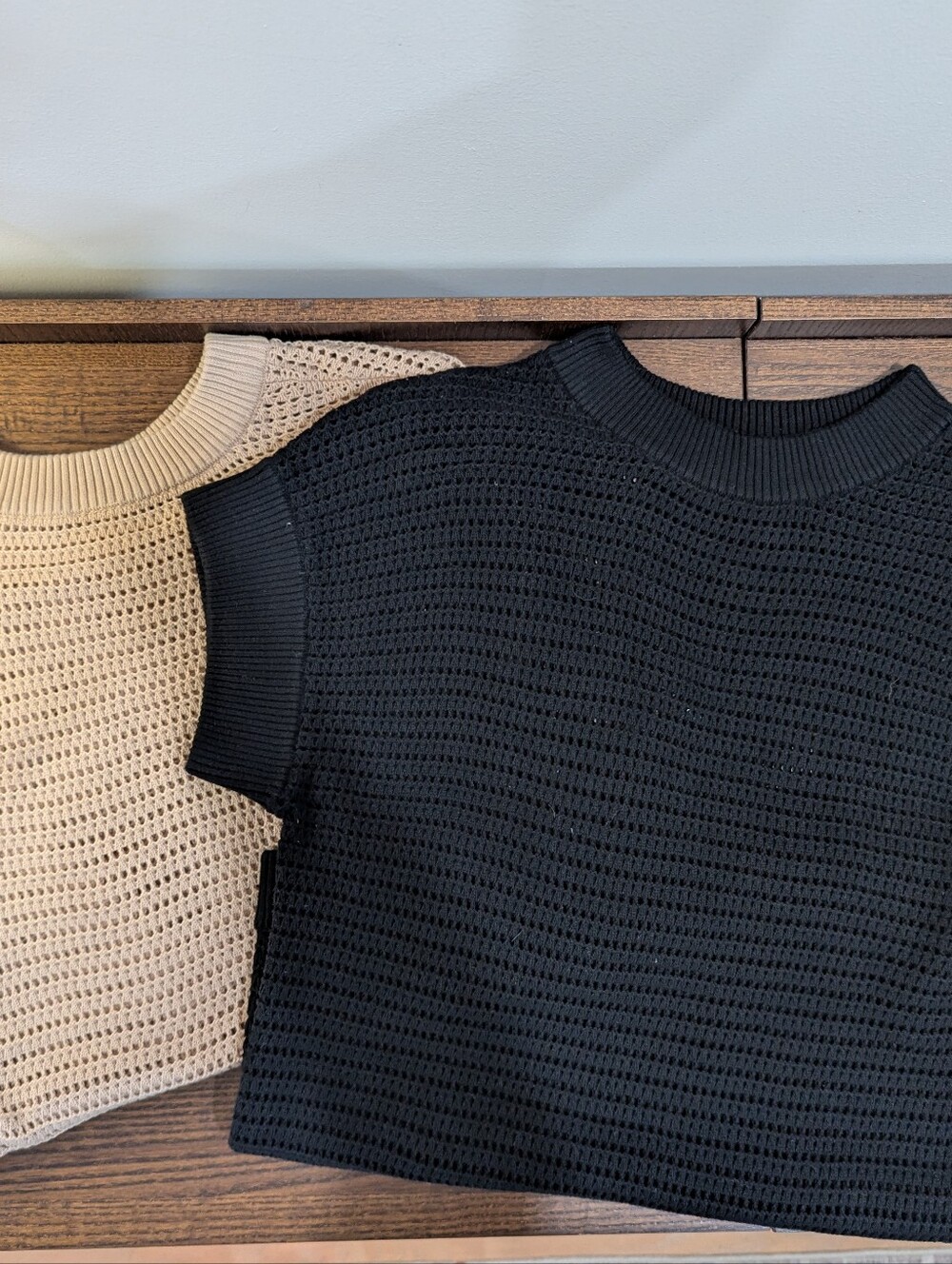 LOFT Black Open-Knit Short Sleeve Sweaters in Tan and Black
